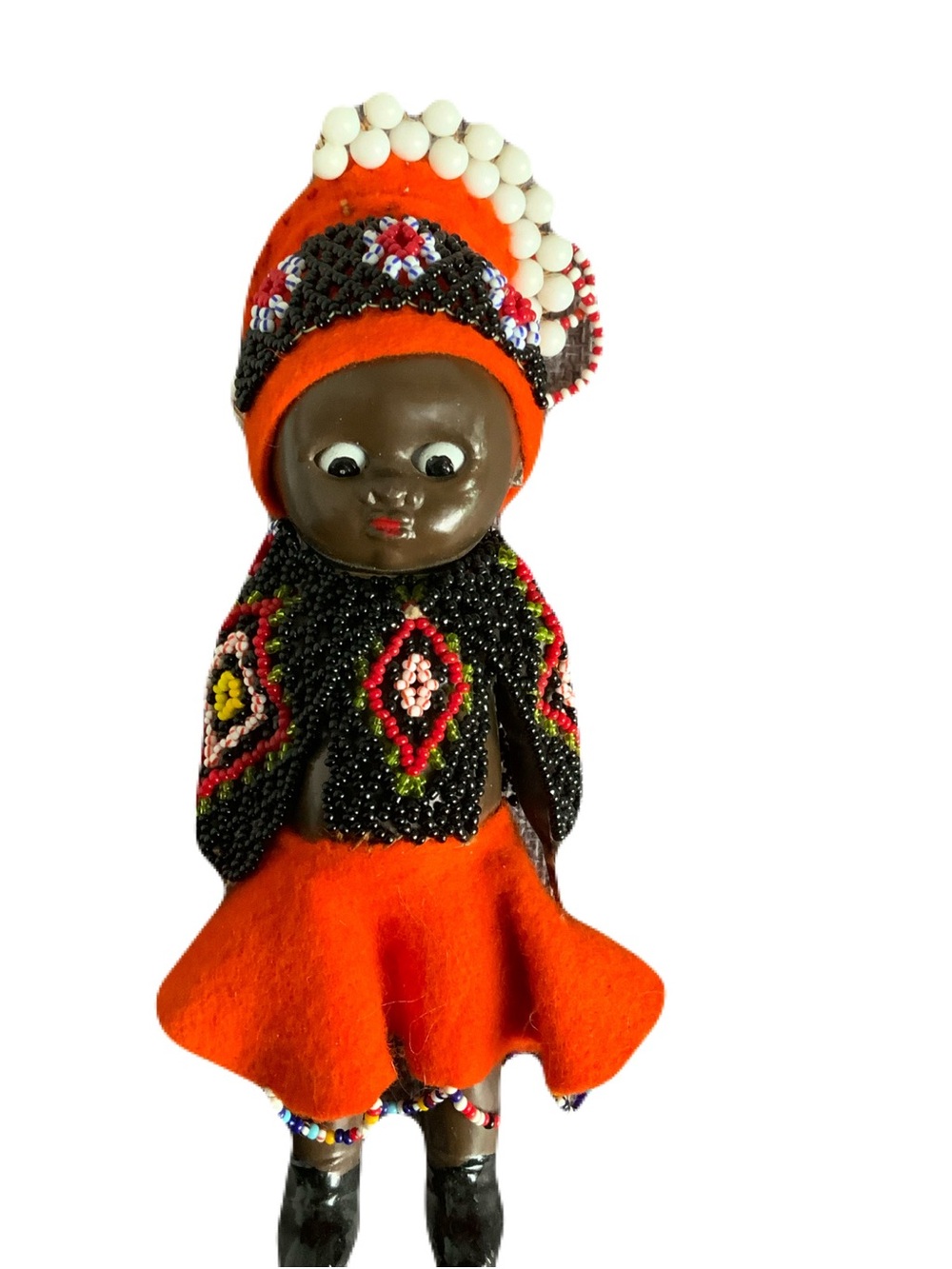 Beaded Vintage Zulu Doll with Bright Orange Outfit